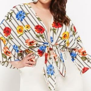Plus Size Floral Striped Tie-Front Top